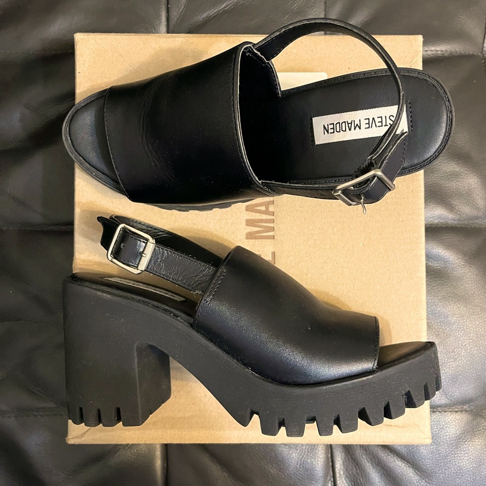 Brand new, never worn, black Steve Madden leather platform sandals, size 8.5
